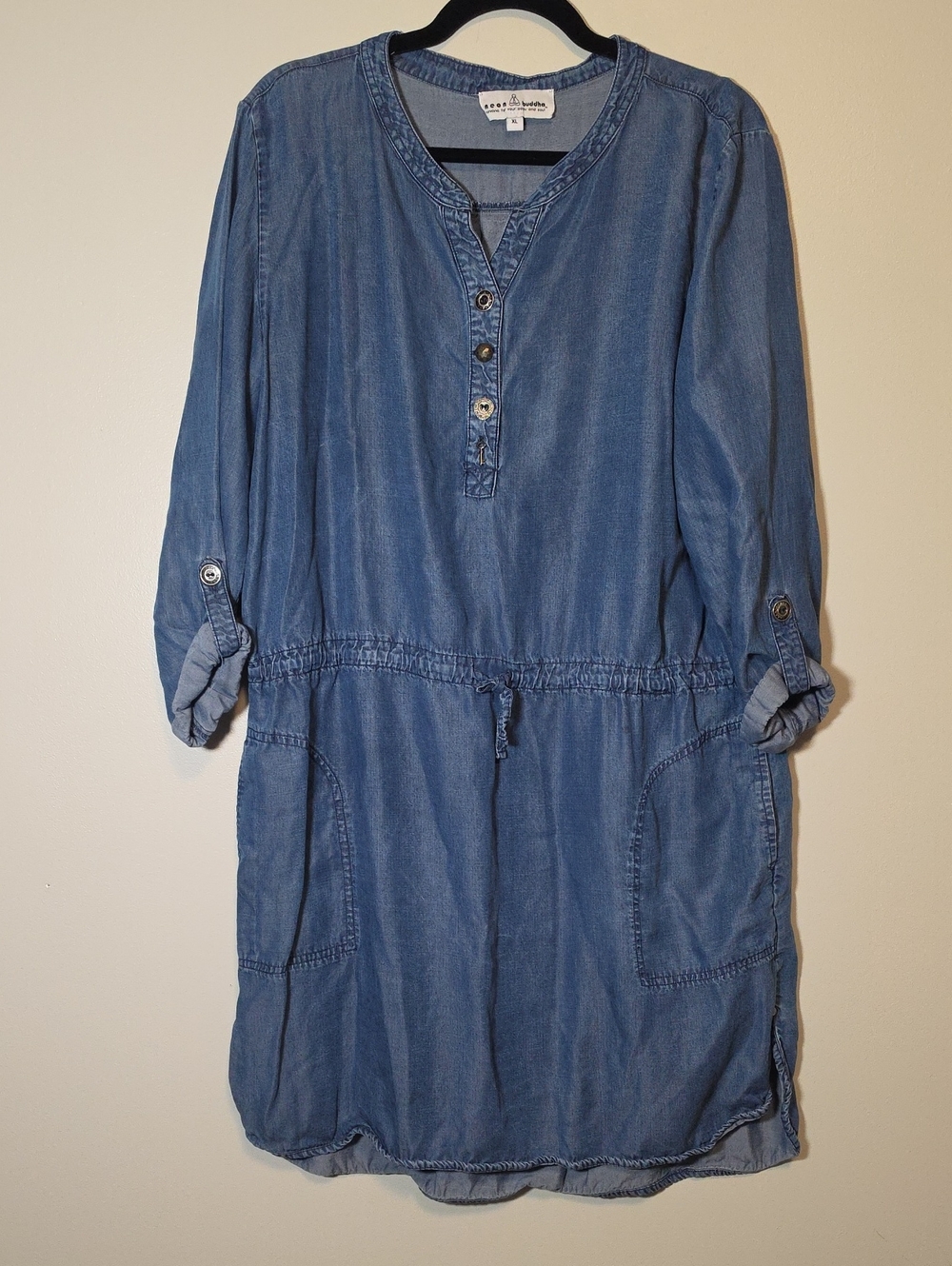 neon buddha Denim-Blue Tencel Henley Drawstring Dress